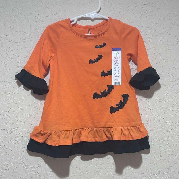 Dot & Zazz Girls Halloween Dress Glitter Bats Orange & Black Ruffle 18-24 Months - Picture 2 of 7